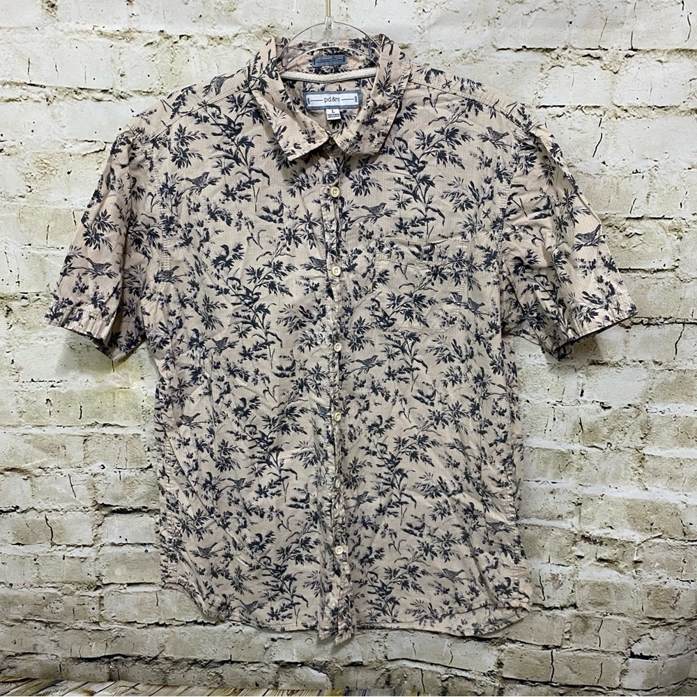 PD&C Beige Gray Bird Floral Print Classic Fit Button Up